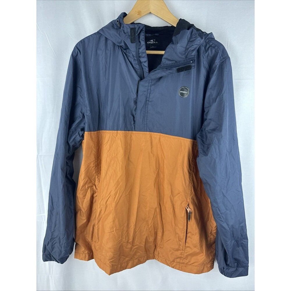 O'Neill Windbreaker Jacket Mens Large Rust Orange Blue Hooded Nomadic Anorak